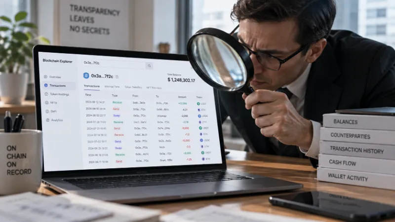 Illustration: a man in a suit studies a block explorer on a laptop through a magnifying glass, reading one address’s balance and transaction history line by line