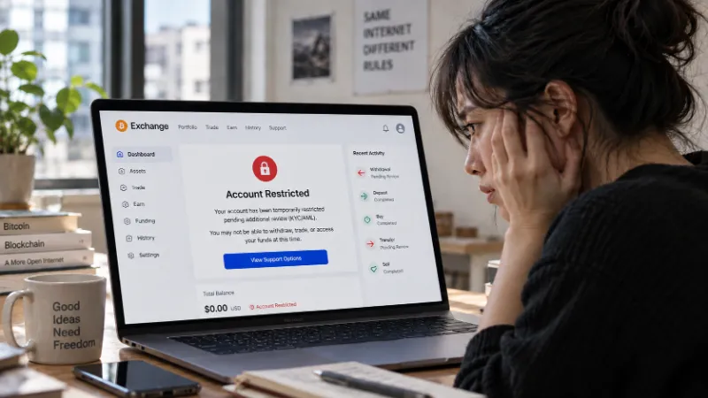 Illustration: a woman frowns at her laptop while an exchange page shows the account restricted, the balance at zero, and withdrawals and transfers pending review