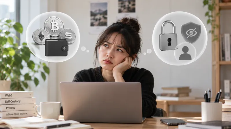 Illustration: a woman at her laptop looks torn, with a crypto wallet in one thought bubble and a privacy lock in the other
